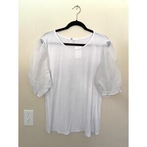 DR2 Short Sleeve White Top Blouse Gathered Sleeve Size L / NWT